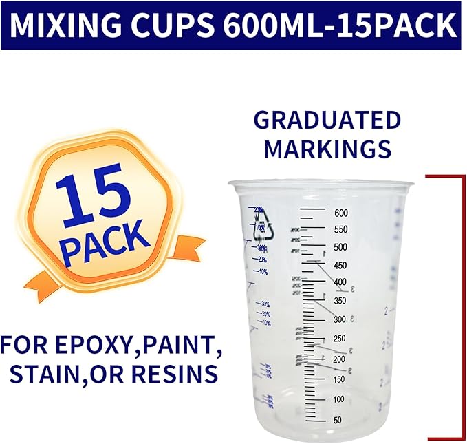 15 PACK Paint Mixing Cups by KEHE REFINISH,20 oz (600ml),Plastic Measuring Cups with Funnels and Mixing Sticks for Liquids, Paints, Resin, Epoxy, Art,Ratios 1:1,2:1, 3:1, 4:1,5:1,6:1,7:1,8:1