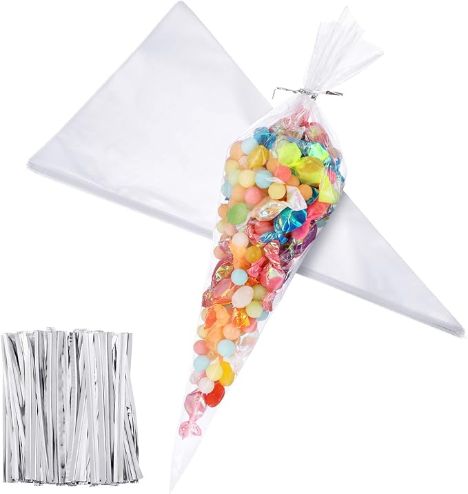 Outus 100 Pcs 7 x 12 Inch Cone Shaped Clear Cello Cellophane Treat Bags Medium Transparent Cone Cello Sweet Treat Bags with 100 Pieces Twist Ties for Party Favor(Silver Twist Ties)