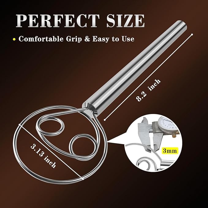 Danish Dough Whisk Stainless Steel Dough Hook Dutch Whisk for Sourdough Bread Dough Mixer Hand Wooden Handle Kitchen Whisking Mixing Tool Bread Making Tools and Supplies (Stainless Steel 2-eye)