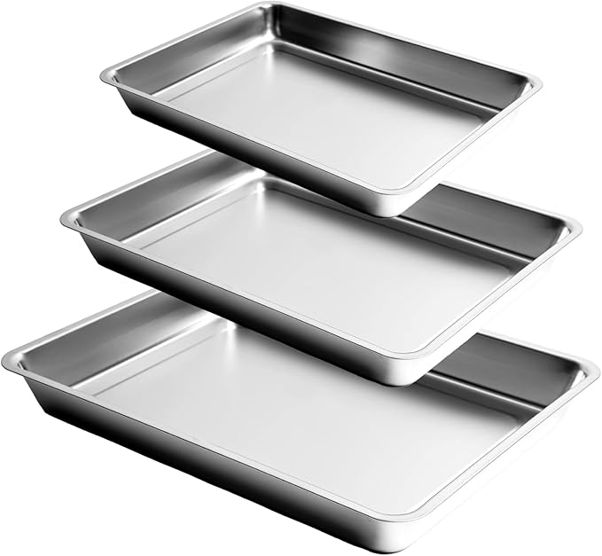 3-Piece Baking Pan Set, 304 Stainless Steel, 2-Inch Deep, Oven Safe to 450°F, Corrosion-Resistant, Easy to Clean, Stackable, 16-Inch, 12-Inch, 9-Inch Sizes