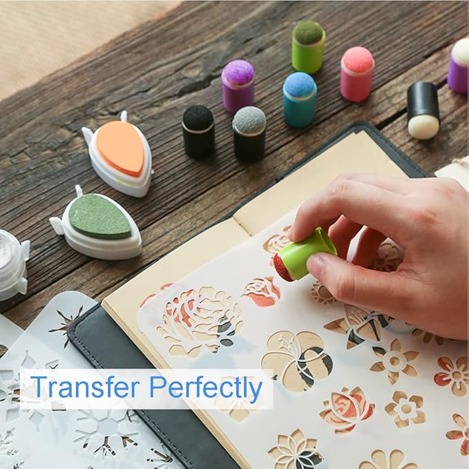 Stencils for Painting Set 5 Pcs Painting Stencils Leaves Flowers Butterflies Snowflakes Stars Stencils for Crafts 5 Pcs Finger Painting Sponge for Art DIY Craft Card Gift Tags and Scrapbooking