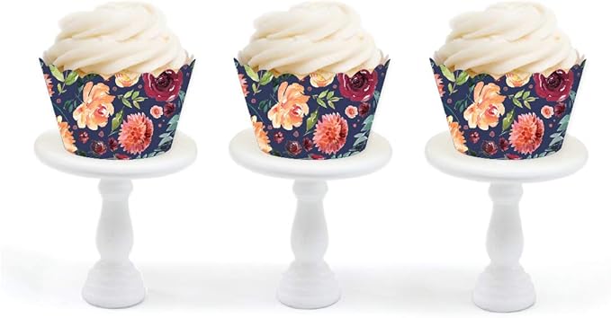 Andaz Press Party Cupcake Wrapper Decorations, Burgundy and Peach Florals on Navy Blue, 24-Pack, For Girls 1st Birthday Baby Bridal Shower Tea Party Themed Decorations