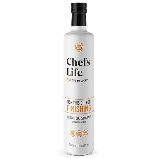 Chefs Life Finishing Oil - Olive Oil Extra Virgin, 100% Extra Virgin Olive Oil, Pure EVOO, Perfect for Dressing, Drizzle, Dipping, Non GMO - 16.9 Fl Oz (1 Bottle)