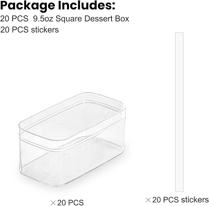 Plastic Rectangle Dessert Cups Boxes with Lids and Sporks,packaging for baked,Cookie Tiramisu Containers for Fruit,Pudding,Mousse,Parfait Cups With Lids(20, Rect 4.6 * 2.4 * 2 IN-Boxes)