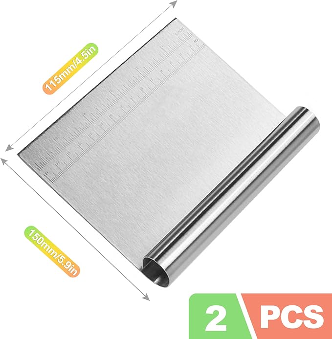 ZukoCert 2-Pack Stainless Steel Bench Scraper – Durable Dough Cutter with Built-In Measuring Ruler (Multipurpose Tool for Pizza, Cake, Baking & Pastry Work, Easy to Clean)