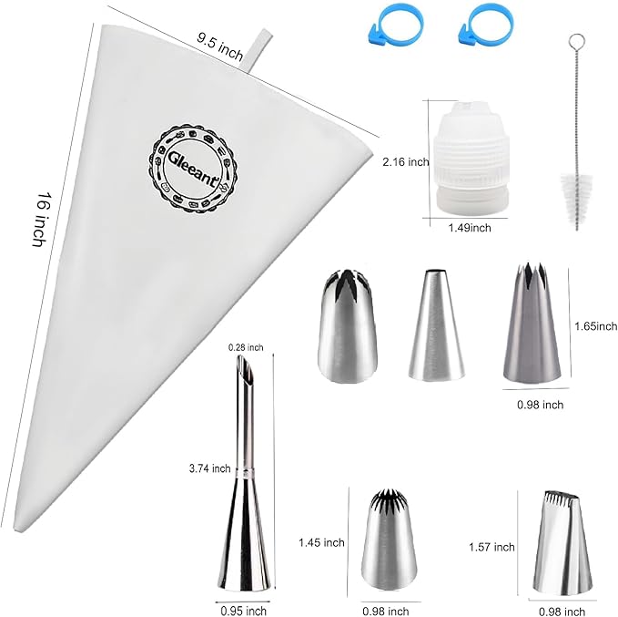 Reusable Cotton Piping Bags and Tips Set- GleeAnt Frosting Piping Kit for Baking 6pcs Large Stainless Icing Tips for Cake Decorating- Icing Bag,Coupler I Professional Cupcake Kit (11)