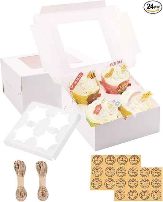 24 PCS White Cupcake Boxes with Window & Inserts, Cupcake Containers 4 Count, Bakery Boxes, Cookie Boxes 6x6x3" Cake Boxes, Pastry Boxes Muffins Treat Gift Boxes for Macaroon Pops Strawberries