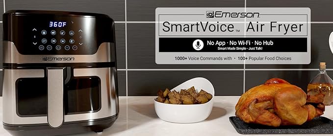 Emerson SmartVoice 5.3QT 6-in-1 Air Fryer, 1000+ Voice Control Commands, 100+ Recognized Food, No APP, No WIFI, No Setup, Nonstick Basket, Air Fry, Bake, Reheat, Dehydrate, 1500W