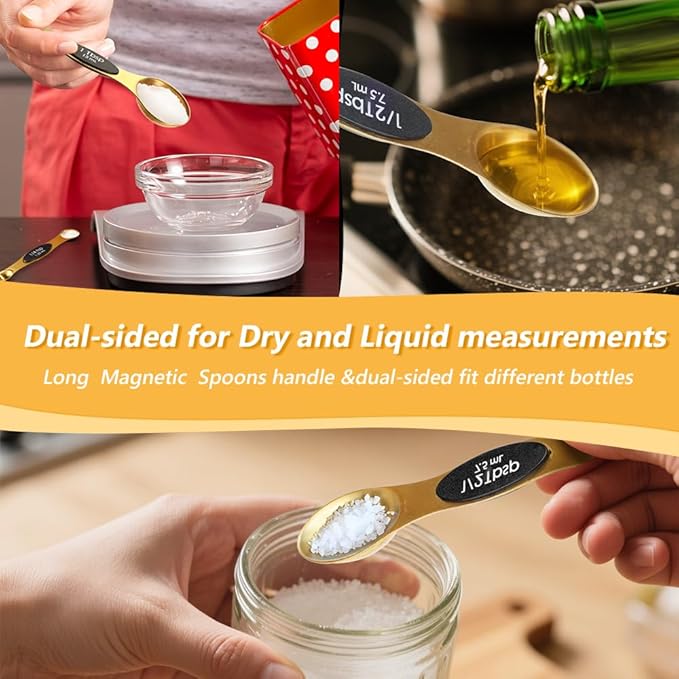 Gold Measuring Cups and Spoons, Set of 13, Including 8 Dual Sided Magnetic Measuring Spoons set with Leveler, 5 Measuring Cups, Stainless Steel Kitchen Gadgets for Liquid & Dry Ingredients