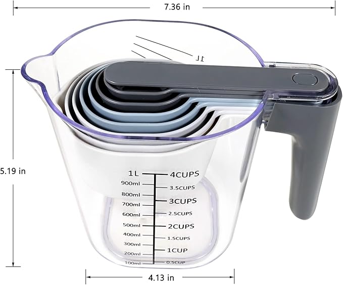 12-Piece Measuring Cups and Spoons Set with Stackable Measuring Cup, Lid, and 2 Grey Silicone Bread Slings(Oval and Round), BPA-Free, Dishwasher Safe, Baking Accessories