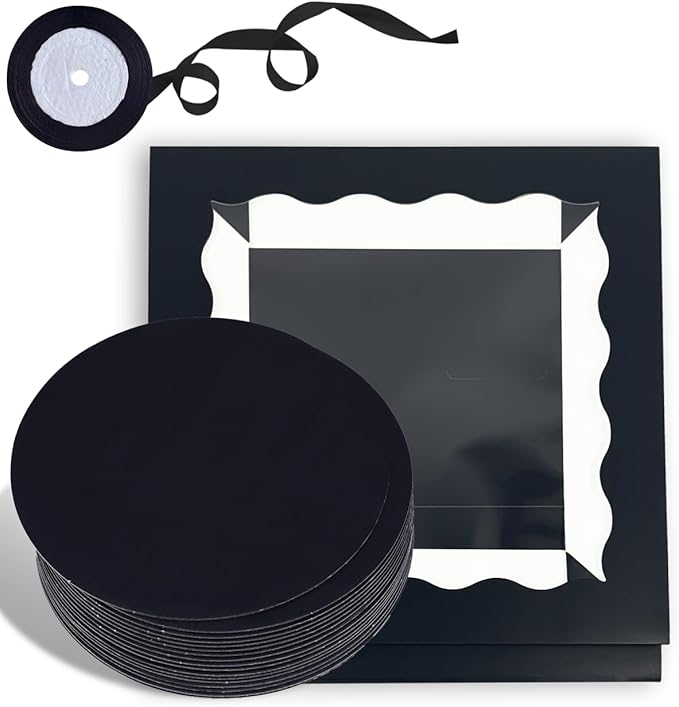 Bakepacker 12x12x8 Cake Box, 18 Sets Black Cake Box with Window ＆ 18 Sets 12" Cake Round Boards, 12inch Cake Containers, 10 Meters Silk Ribbon