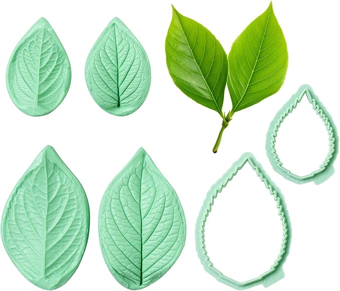 6Pcs Fondant Leaf Veining Mold and Cutter Set, Common Leaf Design for Gum Paste Sugarcraft and Cake Decoration