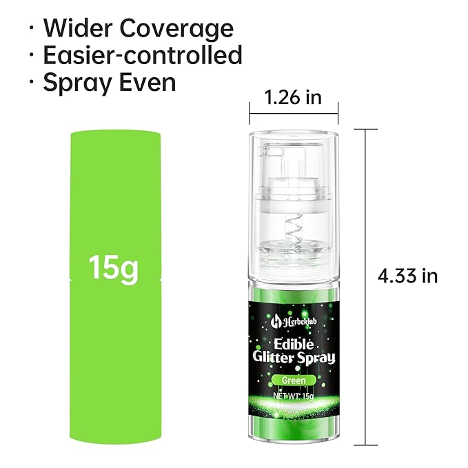 Green Edible Glitter Spray - 15g Food Grade Green Luster Dust Shimmer Powder Spray for Cakes, Cookies, Chocolate, Strawberries, Drinks & Cocktails