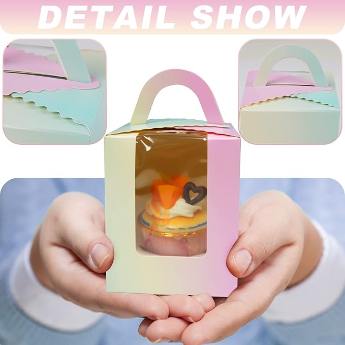 30 Pcs Individual Cupcake Boxes Gradient Single Cupcake Boxes 1 Hole Cake Box with Clear Window Inserts and 2 Sheets of Stickers for Wedding Birthday Party Favors