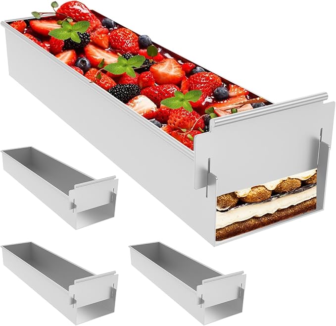 4 Pack Tiramisu Pan, Long Rectangle Cake Mold, Aluminum Alloy with Removable Frame Tiramisu Rectangle Trays for Tiramisu Cheesecake Mousse (4)