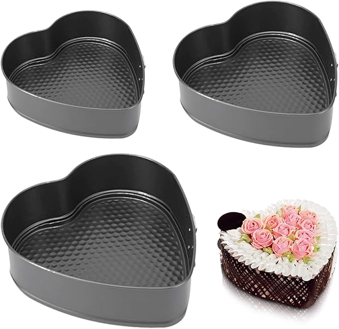 3pcs Heart Shaped Springform Cake Pans, Non Stick Cheesecake Pans Set with Easy Release Base & Secure Lock, 20cm 22cm 24cm Baking Tin Cake Mould for Small Pizza Pie(COLOR:Black)