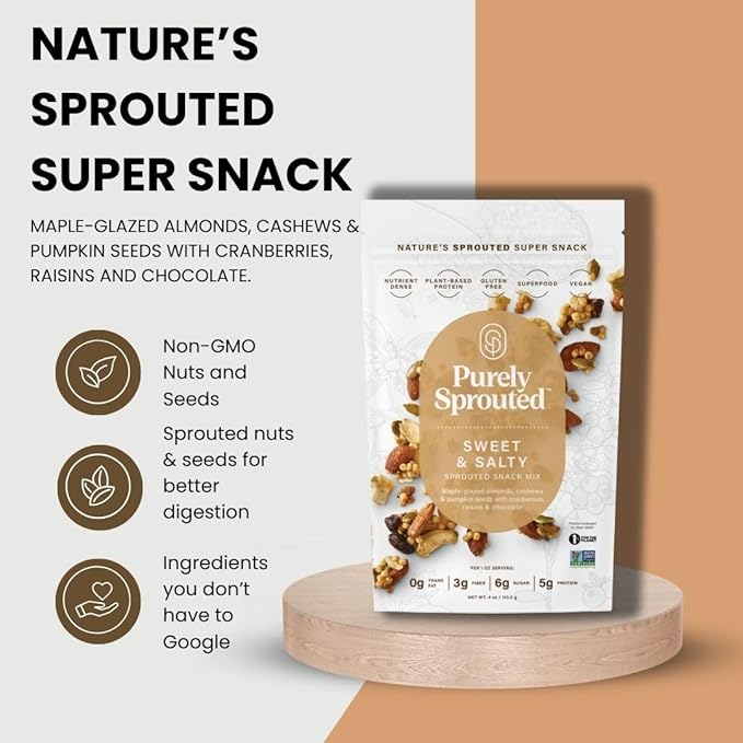 Purely Sprouted Sweet & Salty, Non-GMO Superfood for Healthy, Certified USDA Organic, Gluten-Free Snacking (4 oz, 6 pack)
