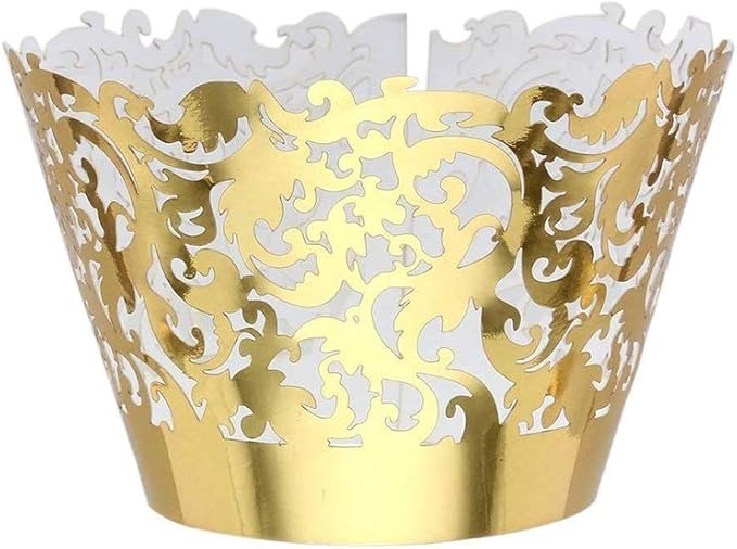 YOZATIA 60 Gold Vine Lace Cupcake Wrapper, Laser Cut Golden Cupcake Liners for Weddings Birthdays Tea Parties and any Special Event- Gold