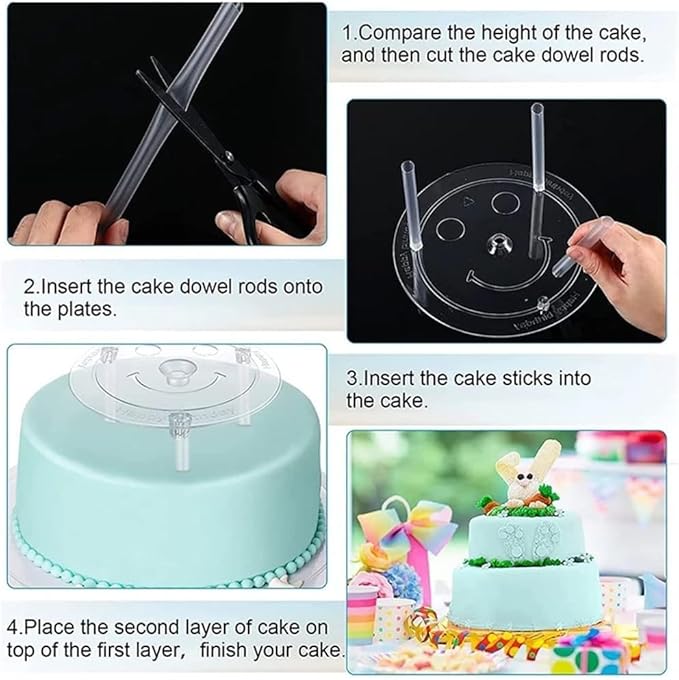 28-Piece Smiley Plastic Cake Dowel Rods Set - 12 Pcs White, 4 Cake Separator Plates for 4, 6, 8, 10 Inch Cakes