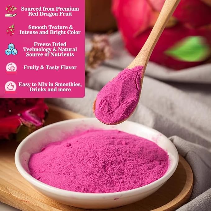Fraunitsh Dragon Fruit Powder 3.52oz | Freeze Dried Pink Pitaya Powder | No Sugar & No Additives | Pure Red Pitaya Dragon Fruit Powder Food Coloring for Smoothie, Baking, Drinks & Vibrant Recipes