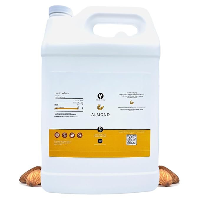 Dolce Flav Natural Almond Extract – 1 Gallon Water-Soluble Kosher, Sugar-Free, Concentrated Pure Almond Flavoring for Baking, Pastries & Beverages
