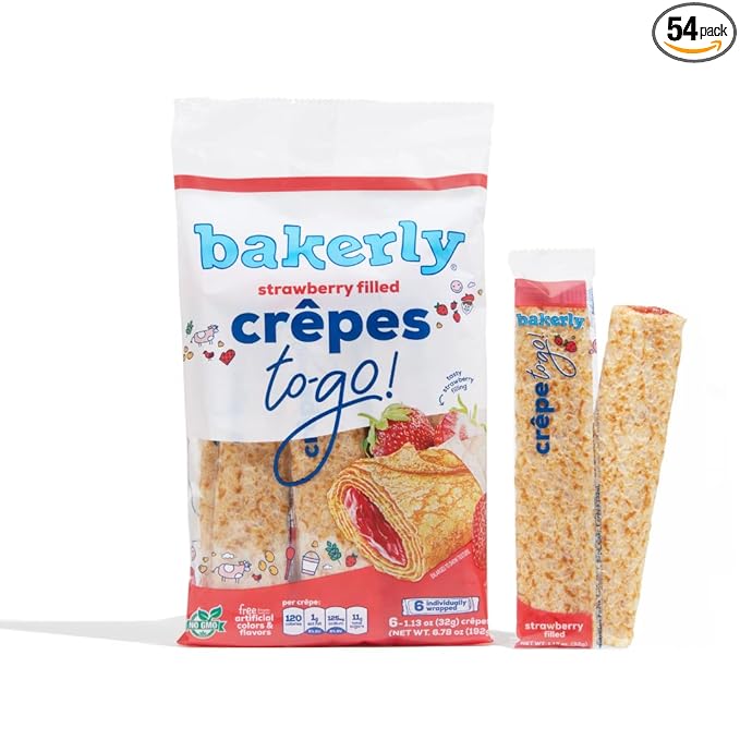 bakerly Strawberry Filled Crepes to go! Non GMO, Free from Artificial Flavors & Colors, Pack of 9, 6-Count (54 Total Crepes)