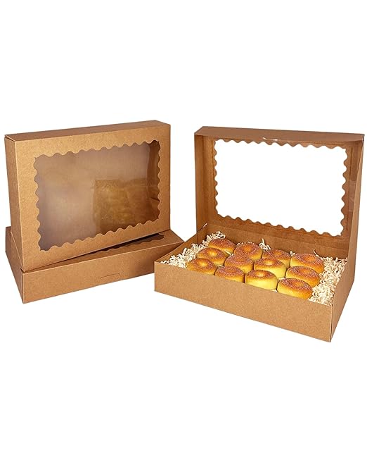 qiqee Auto-pop Up 16x10.5x2.5 Inch Brown Cookie Box with Window 24Pcs Bakery Pastry Macaron Bakery Box for Packaging