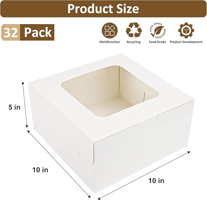 Moretoes 32pcs Cake Boxes, 10x10x5 Inch Cake Containers With Window, Bakery Boxes Pastry Container Cajas Para Pasteles for Valentine's Day, Mother's Day, Cookie, Cupcakes, Pies