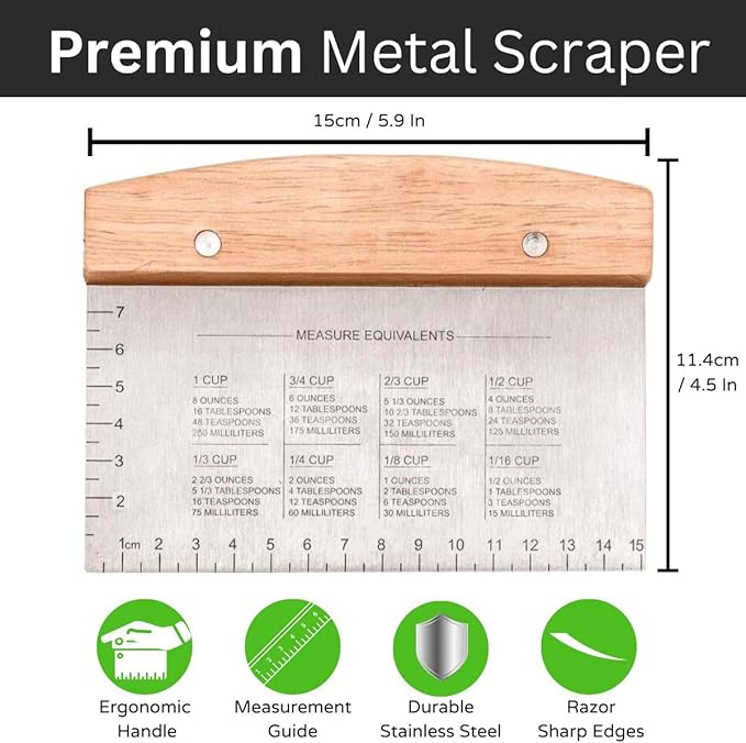 Ultimate Dough Scrapper Set: 3-Piece Stainless Steel Bench Scraper Kit with Ergonomic Handle and Built-in Measurement Scale - Perfect for Bread, Pizza, Cake, and More!