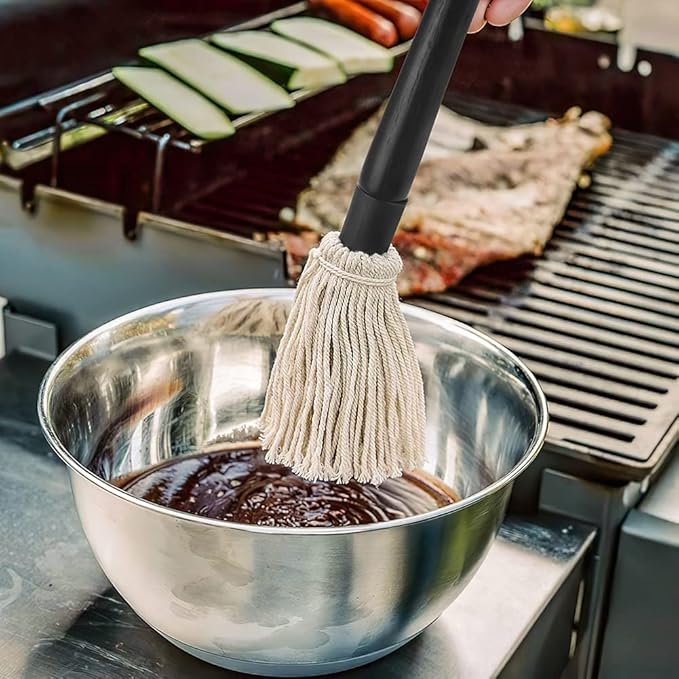 Grill Basting Mop, YFWOOD 18 Inch Grill Basting Brush BBQ Mop Black Wooden Long Handle with 4 Extra Replacement Heads for Grilling Smoking Barbecue Steak