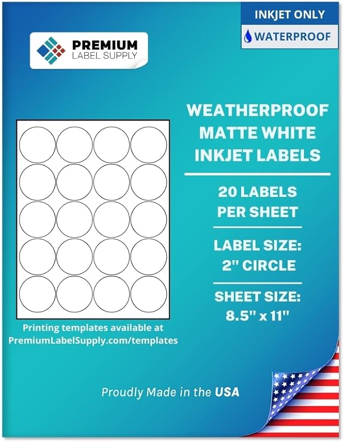Premium Label Supply Waterproof Matte White Sticker Round Labels – 2" Circle – Inkjet Printers Only – (20 per Sheet), 25 Sheets - 500 Total Adhesive Labels