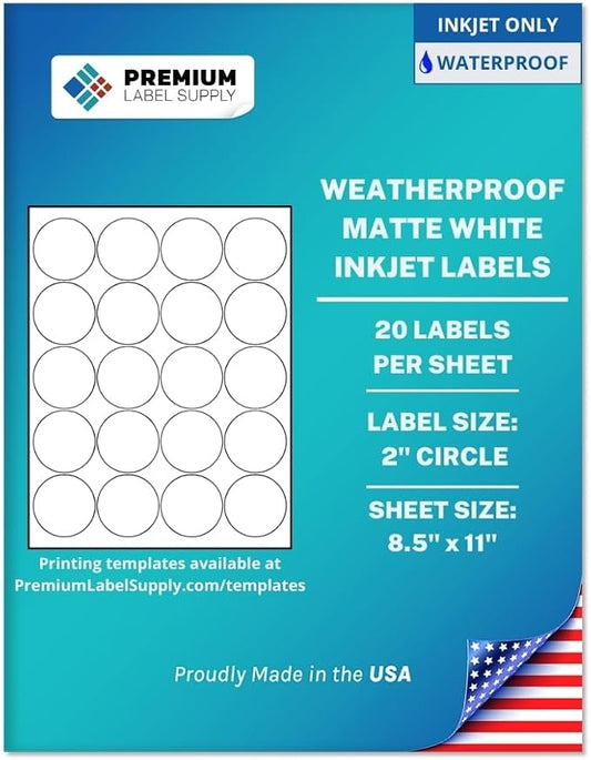 Premium Label Supply Waterproof Matte White Sticker Round Labels – 2" Circle – Inkjet Printers Only – (20 per Sheet), 10 Sheets - 200 Total Adhesive Labels