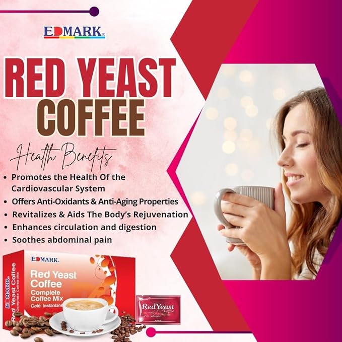 EDMARK Sugar Free Red Yeast Coffees - Organic Coffee Blend With Rose Petal Extract - Red Coffee Pods Cups Coffee's Lover Gifts - 15g × 20 Sachets