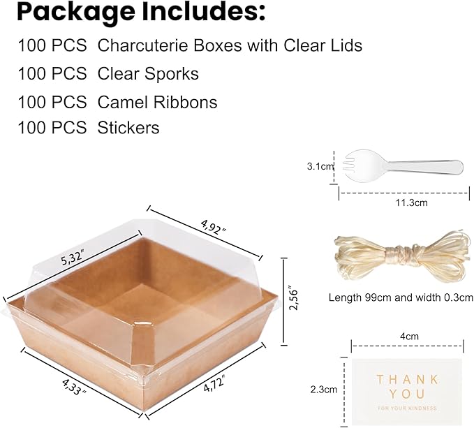 100pcs Smal Charcuterie Boxes with Clear Lids - Disposable Food Containers for Desserts,Boxes for Sandwich, Cake Slice Packaging, Fruit,Salad,Perfect for Bakery Treats,(Brown, 5.3 * 4.9 * 2.5 in)
