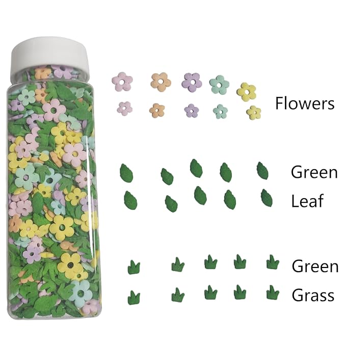 Edible Sugar Colorful Flowers Sprinkles Green Leaf Cake Cupcake Toppers Cookie Decorations Green Grass Sweet Dessert Sprinkle for Cake Decorating, 3.4 oz