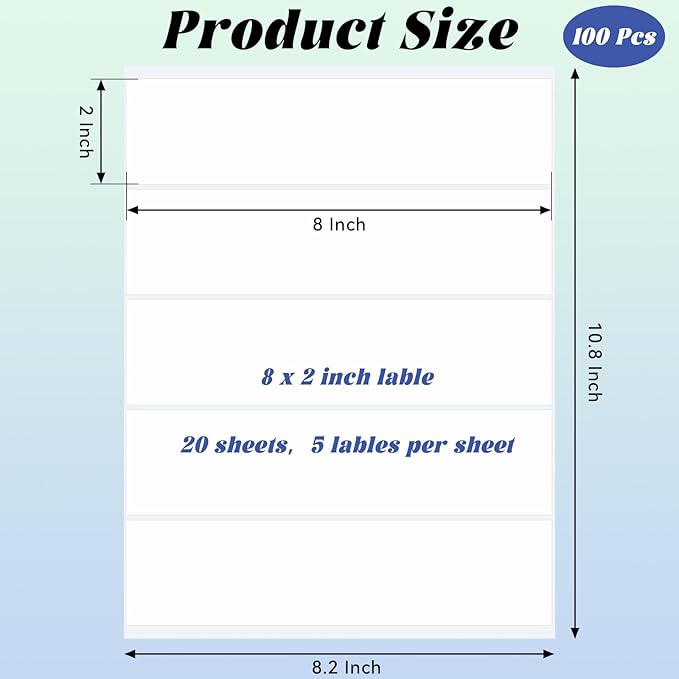 100 Pcs Printable Bottle Labels, 8x2 Inch Glossy White Waterproof Sticker Labels, Printable Adhesive Rectangle Label for Inkjet or Laser Printer