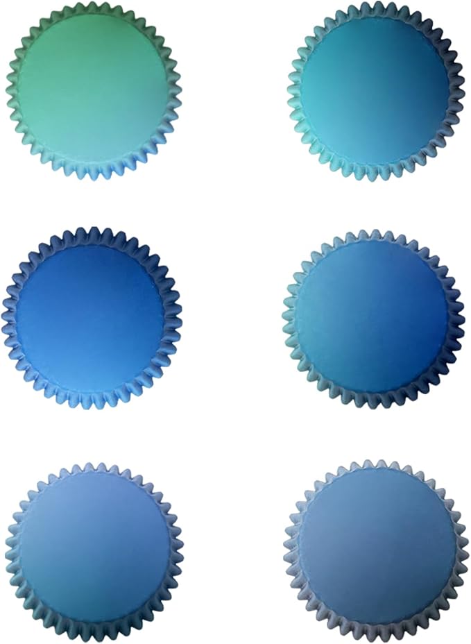 qiqee 300PCS Mini Gradient Cupcake Liners Cupcake Cups 6 Designs Blue Gradient Cupcake Papers Baking Cups Cupcake Wrappers (Small Size)