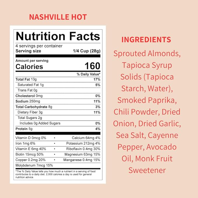 Daily Crunch, Zero Seed Oils, Gluten Free, 4oz (2 Pack, Nashville Hot Sprouted Almonds)