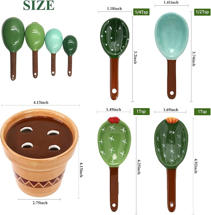 5 Pieces Measuring Spoons Set/Ceramics Spoons and Measuring Base Cup/for Dry and Liquid Ingredient, Cute Cactus Shape (Wave base)