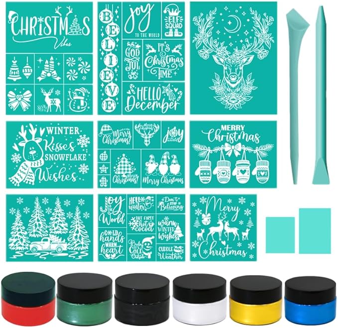 JAJADO Silk Screen Stencils Christmas Chalk Paste Paint Kits 19 Pcs, Adhesive Screen Printing Stencils Mesh Transfers Chalk Paint for Craft Christmas Stencils Painting on Wood DIY T-Shirt Card