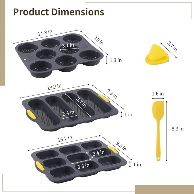 Set of 6 Hamburger Bun Pans for Baking, 4/8/9-Cup Hamburger Bun Mold, Silicone French Bread Baking Pan with Brush, Spatula, and Grab Glove, Nonstick Perforated Baking Pans, Dishwasher Microwave Safe
