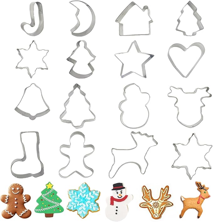 Christmas Cookie Cutter Set 16 Pack Stainless Steel Holiday Shapes (Boots, Bells, Candy Canes, Trees, etc.) for DIY Baking Decorations, Cookies, Fondant, Gingerbread, Holiday Gift Ideas