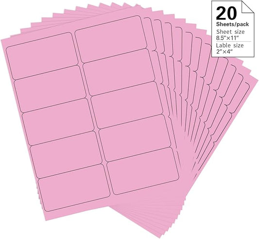 2" x 4" Colored Address Labels, 200 Bright Pink Label Stickers- Laser/Ink Jet Printer Mailing Labels, 8.5"x11" 20 per Sheet
