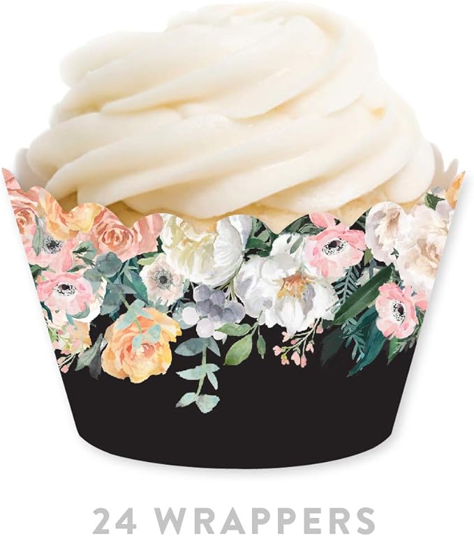Andaz Press Party Cupcake Wrapper Decorations, Peach Coral Floral Flowers on Black, 24-Pack, For Girls 1st Birthday Baby Bridal Shower Tea Party Themed Decorations