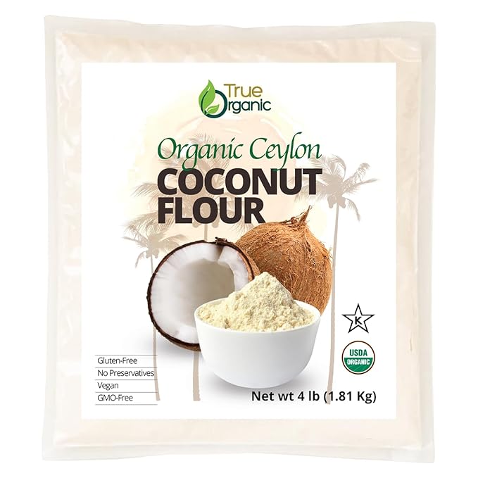 True Organic Ceylon Coconut Flour, 4 Pound / 64 Oz Bulk Bag, Certified Organic, USDA & Kosher Certified, Non-GMO, Organic Ceylon Coconut Flour for Baking Keto, Pure Ceylon Premium Quality