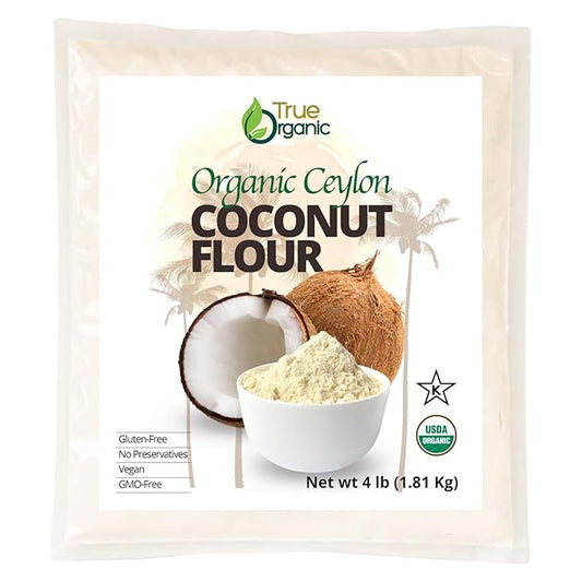 True Organic Ceylon Coconut Flour, 4 Pound / 64 Oz Bulk Bag, Certified Organic, USDA & Kosher Certified, Non-GMO, Organic Ceylon Coconut Flour for Baking Keto, Pure Ceylon Premium Quality
