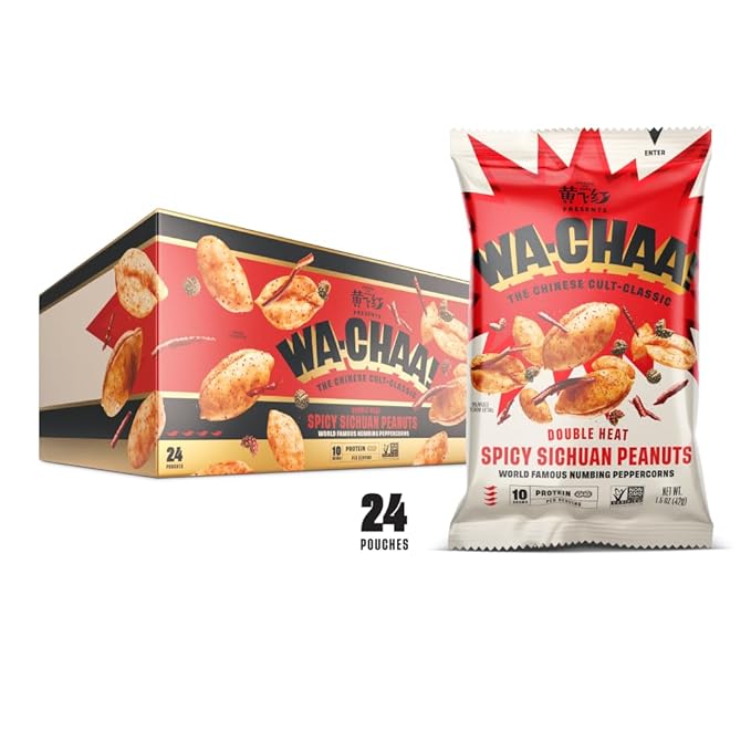 WA-CHAA! Spicy Sichuan Peanuts, Numbing Mala Peppercorns, Toasted Chili Flakes, Protein-Packed, Party Snacks, Non-GMO, On-The-Go Travel Size 1.5 Oz (24 Pack, Double Heat)