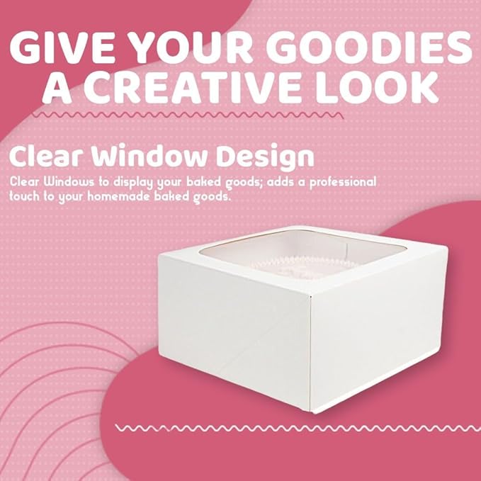 JBR & JM 5-Pack White Cake Boxes with Window - 10x10x5 Inches, Disposable Bakery Box for Cakes, Pastries, Desserts, Cookies - Square Cake Containers for Birthday Parties and Weddings