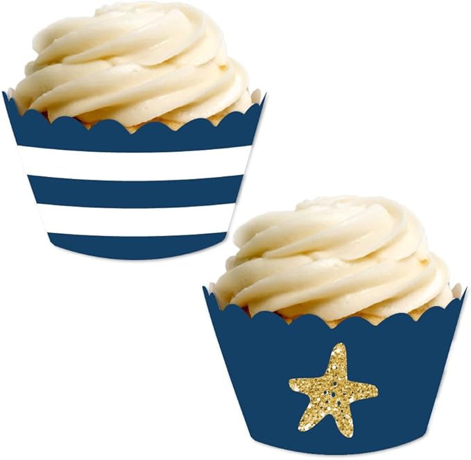 Andaz Press Party Cupcake Wrapper Decorations, Navy Blue Stripes and Faux Gold Glitter Starfish, 24-Pack, Nautical Sailing Ocean Wedding Bridal Baby Shower Birthday Theme Colored Bulk Cake Supplies