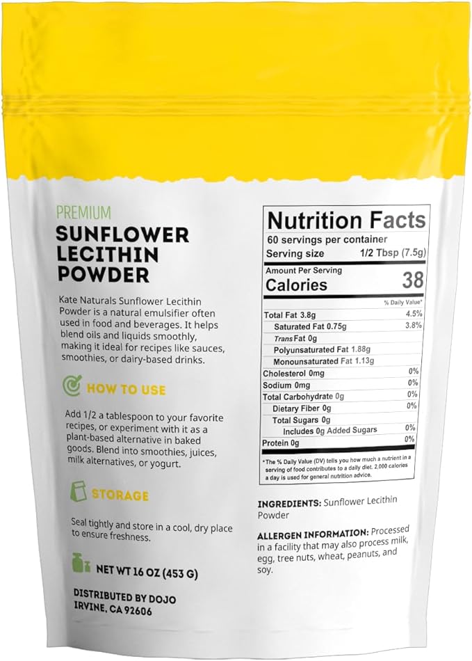 Kate Naturals Sunflower Lecithin Powder for Baking Bread, Gummies, Cooking. Lecithin Supplement for Clogged Milk Ducts. Substitute for Soy Lecithin Powder (16oz, Non-GMO)